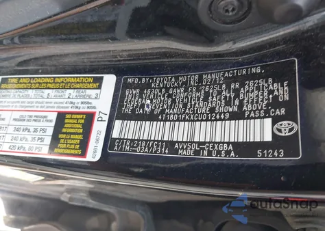 2012 Toyota Camry Hybrid Xle из США, поврежденный, VIN 4T1BD1FKXCU012449